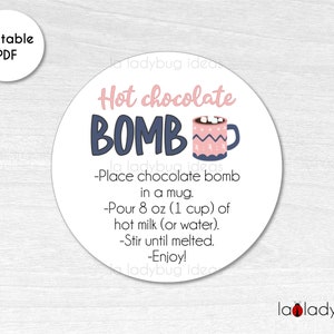 Hot Chocolate Bomb tag. Hot cocoa bomb instructions card. Printable tags for hot chocolate bombs. Instant download. Round label for cocoa.