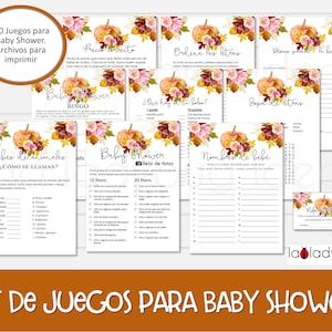 Juegos para baby shower. Archivos PDF/JPEG para imprimir. 10 juegos. Baby shower games in Spanish. Sopa de letras, carrera de nombres, bingo