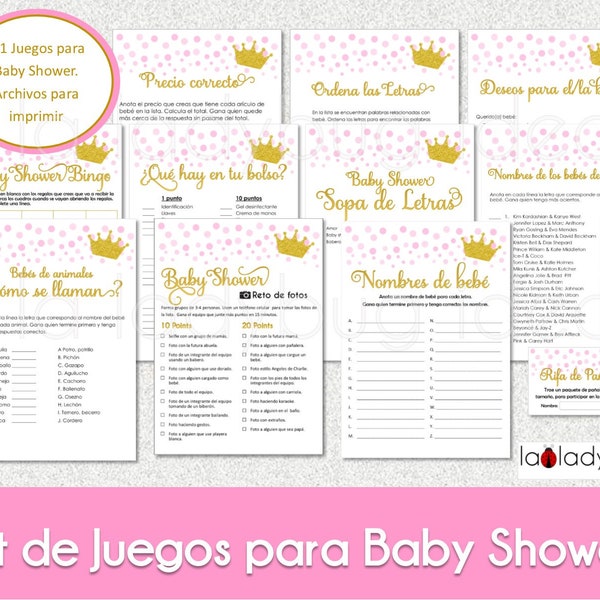 Juegos baby shower de niña para imprimir. 11 juegos. Baby shower games in Spanish. Kit Juegos baby shower color rosa. PDF. Pink and gold.