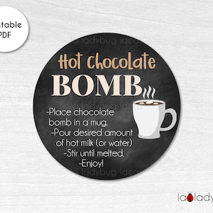 Hot Chocolate Bomb tag. Hot cocoa bomb instructions card. Printable tags for hot chocolate bombs. Instant download. Round label for cocoa.
