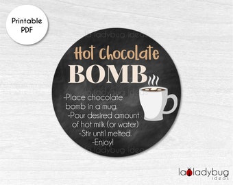 Hot Chocolate Bomb tag. Hot cocoa bomb instructions card. Printable tags for hot chocolate bombs. Instant download. Round label for cocoa.