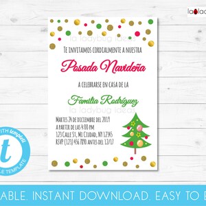 Convite Posada Navidena Editável. Convite para festa de Natal em espanhol. Cartão de Natal digital para impressão. Convite Fiesta Navideña.