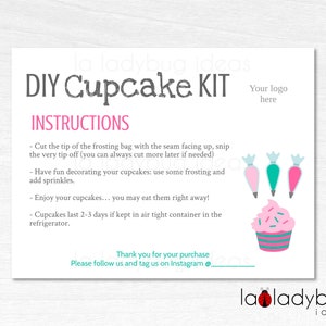 DIY Cupcake kit-instructieskaart. Bewerkbare sjabloon cupcake-kaart. Afdrukbaar versier je cupcake-kaart. Cupcake-instructieskaart.