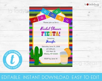May include: A colorful printable bridal shower invitation with a fiesta theme. The invitation features a cactus, a margarita glass, and the text "Bridal Shower Fiesta!"  honoring Jennifer. The event is scheduled for Saturday, June 21, 2018, at 5:00 pm at 123 Main St, Albany, NY 12320. RSVP by June 14.