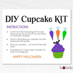 May include: DIY Cupcake Kit instructions with a picture of a decorated cupcake with purple frosting and sprinkles, a bat, and three piping bags with purple, orange, and green frosting. The text says "Cut the tip of the frosting bag with the seam facing up, snip the very tip off (you can always cut more later if needed). Have fun decorating your cupcakes: use some frosting and add sprinkles. Enjoy your cupcakes... you may eat them right away! Cupcakes last 2-3 days if kept in air tight container in the refrigerator. HAPPY HALLOWEEN"