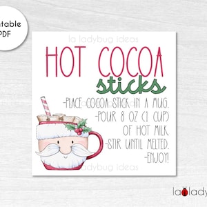Hot Cocoa stick tag. Hot cocoa stick instructions card. Printable tags for hot chocolate sticks. Instant download. Square label for cocoa.