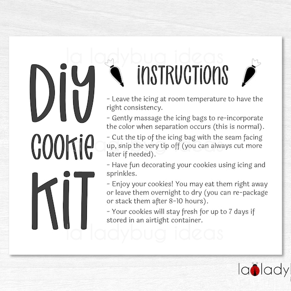 DIY Cookie kit instructions. DIY cookie kit directions. Cookie kit instructions card. DIY Cookie box instructions card. Printable card.