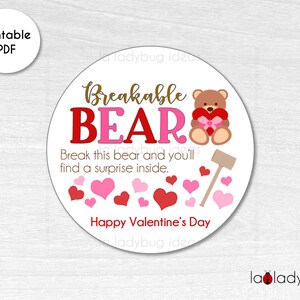 Breakable bear chocolate tag. Breakable bear tag. Printable tags for breakable chocolate bear. Valentine&#39;s Day. Instant download