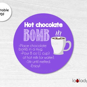 Hot Chocolate Bomb tag. Hot cocoa bomb instructions card. Printable tags for hot chocolate bombs. Instant download. Round label for cocoa.