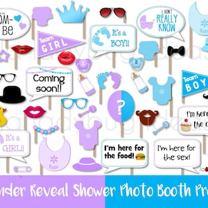 Gender reveal baby photo booth props. Printable DIY photo booth props. Instant download. Boy or girl. He she. Purple and blue. Lavender blue