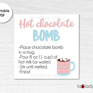 Hot Chocolate Bomb tag. Hot cocoa bomb instructions card. Printable tags for hot chocolate bombs. Instant download. Square label for cocoa.