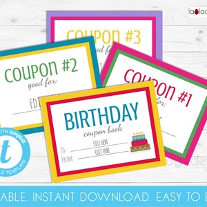 Birthday coupon book. Editable and Printable coupon book. Editable and printable gift coupon cards. Instant download. Easy to edit PDF/JPEG