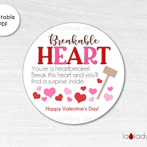 Breakable heart chocolate tag. Breakable heart custom tag. Printable tags for breakable chocolate heart. Valentine&#39;s Day. Instant download