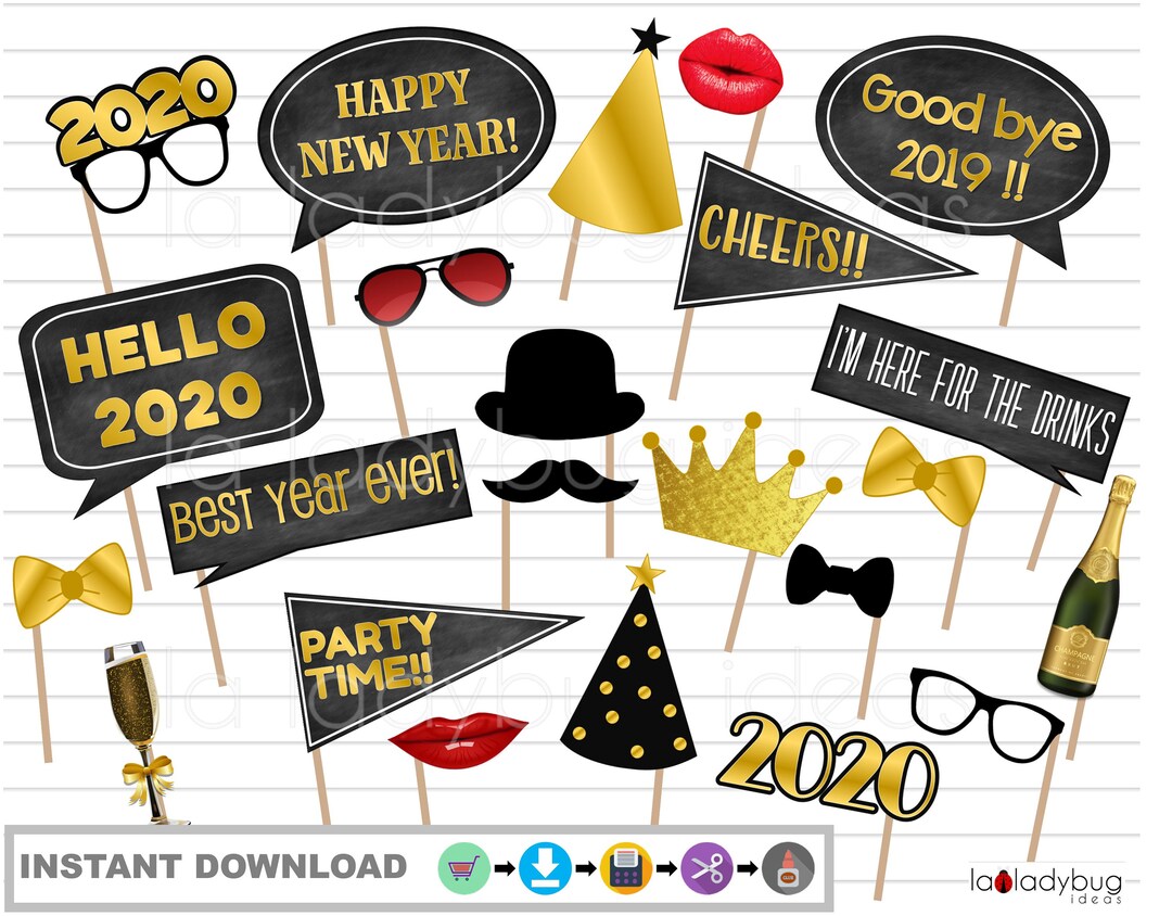 New Year Photo Booth Props. Printable. DIY New Year 2020 Photo Props. Instant Download. PDF ...