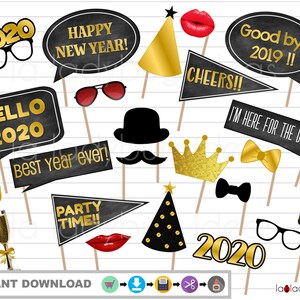 Rekwisieten voor nieuwjaarsfotohokje. Afdrukbaar. DIY-fotorekwisieten voor het nieuwe jaar 2020. Direct downloaden. Digitaal pdf-bestand. Hoge resolutie. Rekwisieten voor fotohokje