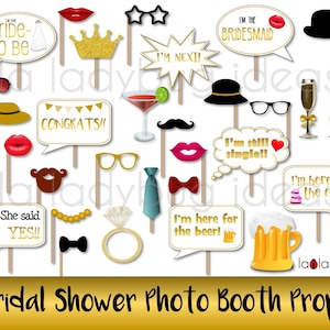Bridal shower photo booth props. Printable. Golden. DIY Bachelorette selfie station picture proprs. Instant download. PDF Digital file.