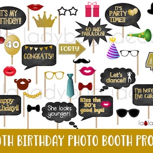40th Birthday Gold photo booth props. Printable. DIY Forty birthday party props Golden. Instant download. PDF Digital file. High resolution