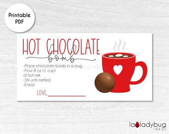 Hot cocoa bomb instructions card. Printable tags for hot chocolate bombs. Instant download. Square label. Hot Chocolate Bomb tag