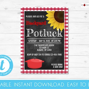 May include: Editable printable invitation for a backyard potluck. The invitation features a chalkboard background with a sunflower, a red pot, and red and white gingham border. The text reads "Please join us for a Backyard Potluck, Saturday May 16, 2020 @ 5:00 PM, The Thompsons Home, 123 Main St, Albany, NY 12203, RSVP by May 5th to Emma 123-456-7890, Please bring a side dish."