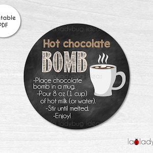 Hot Chocolate Bomb tag. Hot cocoa bomb instructions card. Printable tags for hot chocolate bombs. Instant download. Round label for cocoa.