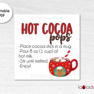 Hot Cocoa Pop tag. Hot cocoa pops instructions card. Printable tags for hot chocolate pops. Instant download. Square label for cocoa.