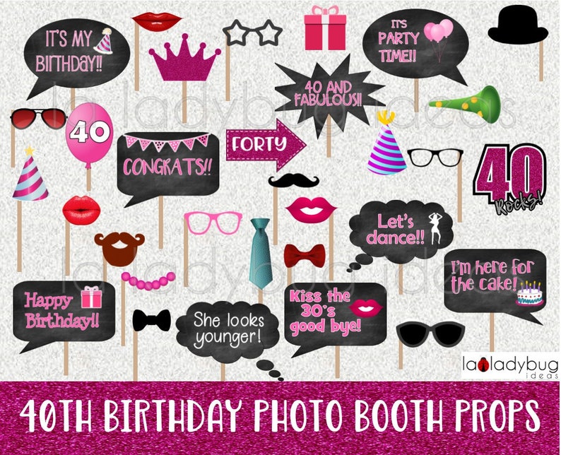 40th Birthday photo booth props. Printable. DIY Forty birthday party props for pictures. Instant download. PDF Digital file. High resolution image 1