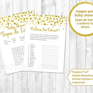 Juegos de baby shower para imprimir. Sopa de letras. Ordena palabras. Descarga inmediata. Juegos de baby shower en español. Descarga instantánea.