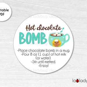 Hot Chocolate Bomb tag. Hot cocoa bomb instructions card. Printable tags for hot chocolate bombs. Instant download. Round label for cocoa.