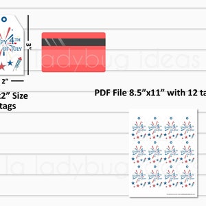 K&ouml;nnte beinhalten: Druckbare Geschenkanh&auml;nger zum 4. Juli mit einem rot-wei&szlig;-blauen Feuerwerksdesign mit dem Text "Happy 4th of July". Die Anh&auml;nger sind 3 Zoll mal 2 Zoll gro&szlig; und werden in einer PDF-Datei geliefert, die 8,5 Zoll mal 11 Zoll gro&szlig; ist und 12 Anh&auml;nger enth&auml;lt.