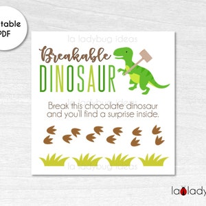 Breakable chocolate dinosaur tag. Breakable dino printable tag. Printable tags for breakable chocolate Dinosaur. Instant Download file.