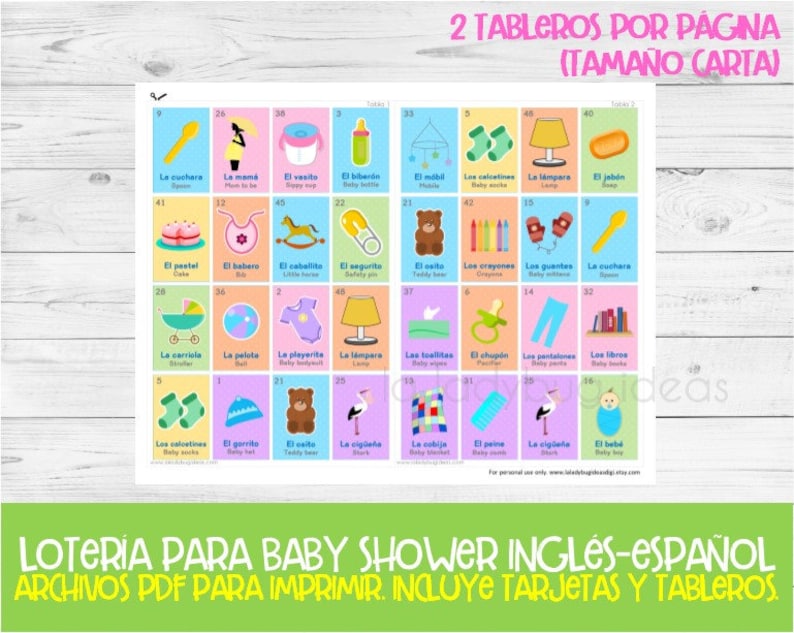 Lotería Baby Shower Ingles y Español. Juego para baby shower. PDF para imprimir. Baby shower bingo. English and Spanish. Instant download image 4