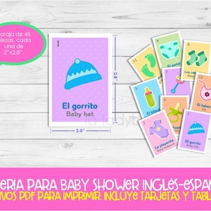 Lotería Baby Shower Ingles y Español. Juego para baby shower. PDF para imprimir. Baby shower bingo. English and Spanish. Instant download image 2