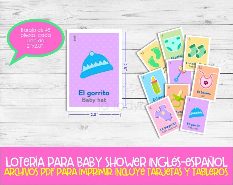 Lotería Baby Shower Ingles y Español. Juego para baby shower. PDF para imprimir. Baby shower bingo. English and Spanish. Instant download image 2
