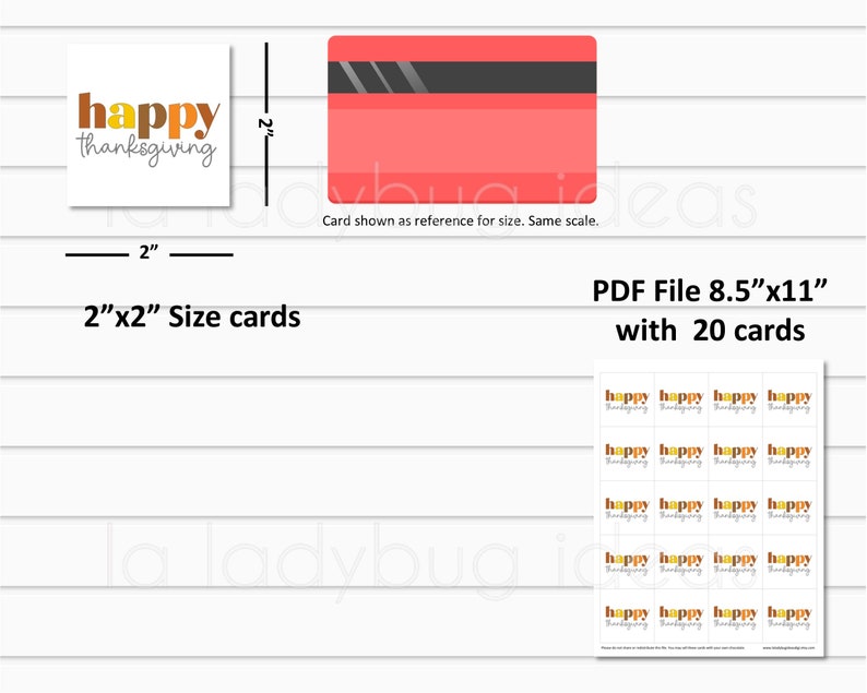 May include: Printable PDF file with 20 Thanksgiving gift tags. Each tag is 2 inches by 2 inches and features the text "happy thanksgiving" in orange, yellow, and brown letters.