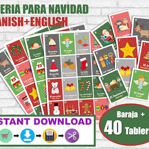 Loteria Navidad Inglês e Espanhol. Jogo para Navidad. PDF para imprimir. Bingo de Natal. Inglês e espanhol. Download instantâneo. Loteria.