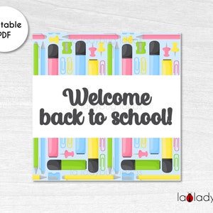 Etiqueta Cookie Square para impressão. bem-vindo de volta ao cartão quadrado da escola para biscoitos. Cartão digital de biscoitos. Etiqueta de presente de biscoito de boas-vindas. Escola