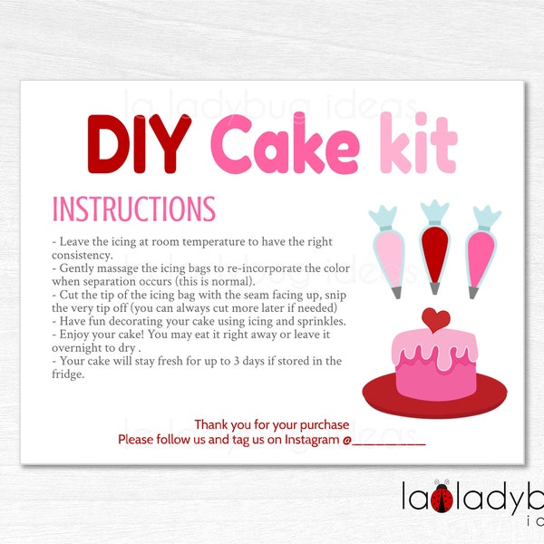 DIY Cake kit instructions card. Editable template cake card. Printable decorate your cake card. Cookie instructions card.