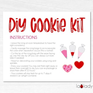Cartão imprimível para instruções de kit de biscoitos DIY para o Dia dos Namorados. Cartão de instruções imprimível para kit de biscoitos DIY. Cartão de kit de biscoitos para o Dia dos Namorados.