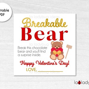 Breakable bear chocolate tag. Breakable bear  custom tag. Printable tags for breakable chocolate bear. Instant Download. Valentine&#39;s Day.