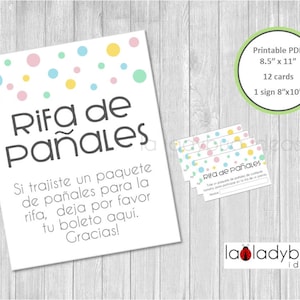 Luierloterijspel in het Spaans. Afdrukbaar. Rifa de pañales, tarjetas en letrero. PDF Direct downloaden. Jongen, meisje, gender reveal babyshower.