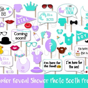 Gender reveal baby photo booth props. Printable DIY photo booth props. Instant download. Boy or girl. He she. Purple and turquoise. Lavender
