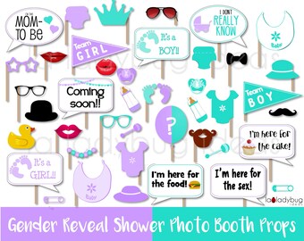 Gender reveal baby photo booth props. Printable DIY photo booth props. Instant download. Boy or girl. He she. Purple and turquoise. Lavender