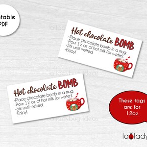 Hot Chocolate Bomb tags 12oz. Hot cocoa bomb instructions card. Printable tags for hot chocolate bombs. Instant download. Label for cocoa.
