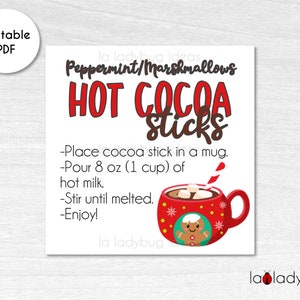Hot Cocoa stick tag. Hot cocoa stick instructions card. Printable tags for hot chocolate sticks. Instant download. Square label for cocoa.