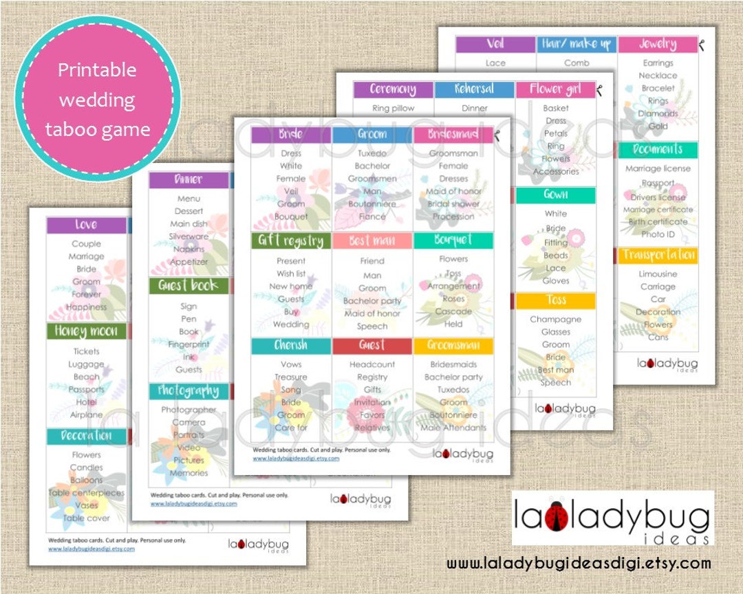 Wedding Taboo Printable Game. Floral Bridal Shower Taboo Game Printable ...