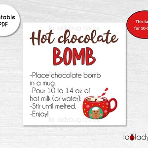 Hot Chocolate Bomb tag. Hot cocoa bomb instructions card. Printable tags for hot chocolate bombs. Instant download. Square label for cocoa.