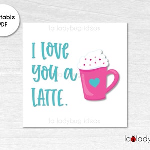 Étiquette imprimable Cookie Square. Carte carrée Saint Valentin pour les cookies. Carte de friandises à biscuits numérique. Je t'aime un latte tags pour les cookies.