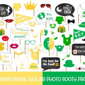 Yellow and green gender reveal baby shower photo booth props. Printable baby shower bubble speech. Instant download. Boy or girl. He or she