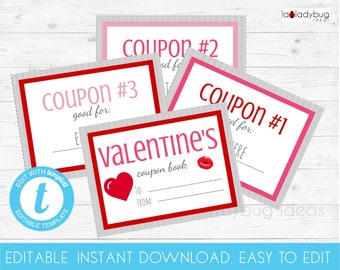 Editable Valentine's coupon book. Printable coupon book. Editable and printable gift coupon cards. Instant download. Easy to edit PDF/JPEG