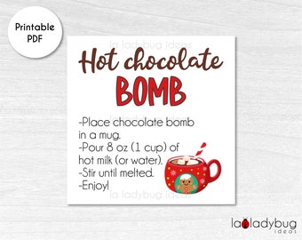 Hot Chocolate Bomb tag. Hot cocoa bomb instructions card. Printable tags for hot chocolate bombs. Instant download. Square label for cocoa.